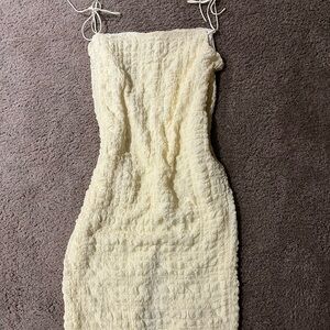 Strapless Cream Textured Midi Dress with Tie Straps
